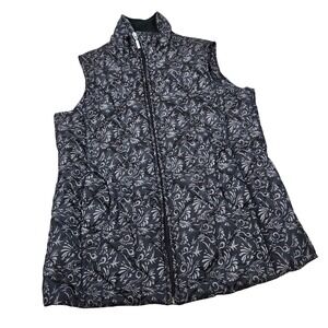 Jane Ashley Quilted Puffer Vest Black Floral Lightweight Sleeveless Jacket‎